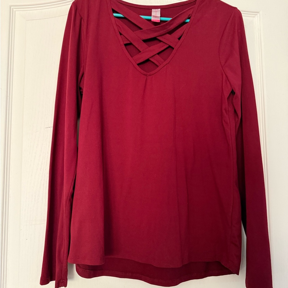 No Boundaries Burgundy Long Sleeve Top with Criss-Cross Neckline